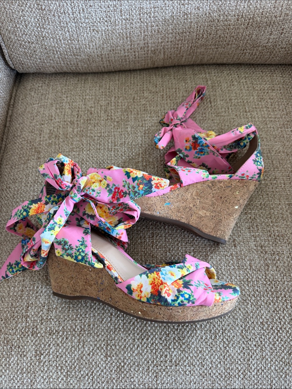 Impo Pink Floral Tie-Wrap Wedge Sandals with Multi-Color Blooms - Picture 2 of 6
